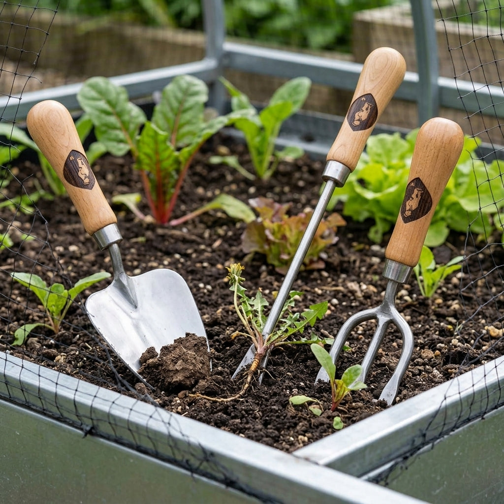 Set of 3 Hand Tools - Short Fat Trowel, Hand Fork, Weed Gouger (view 2)