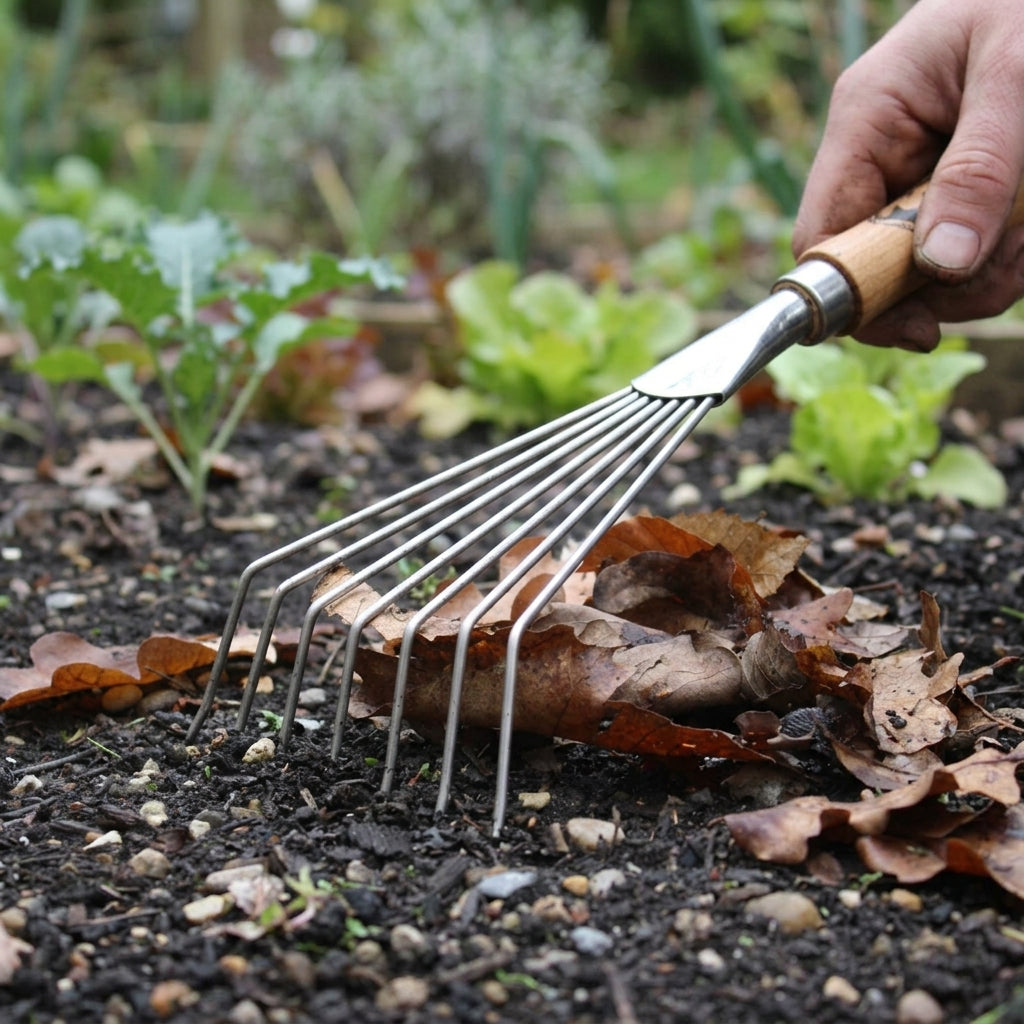 Hand Rake 7 Tines Stainless Steel Cherry Wood Handle, photo 2