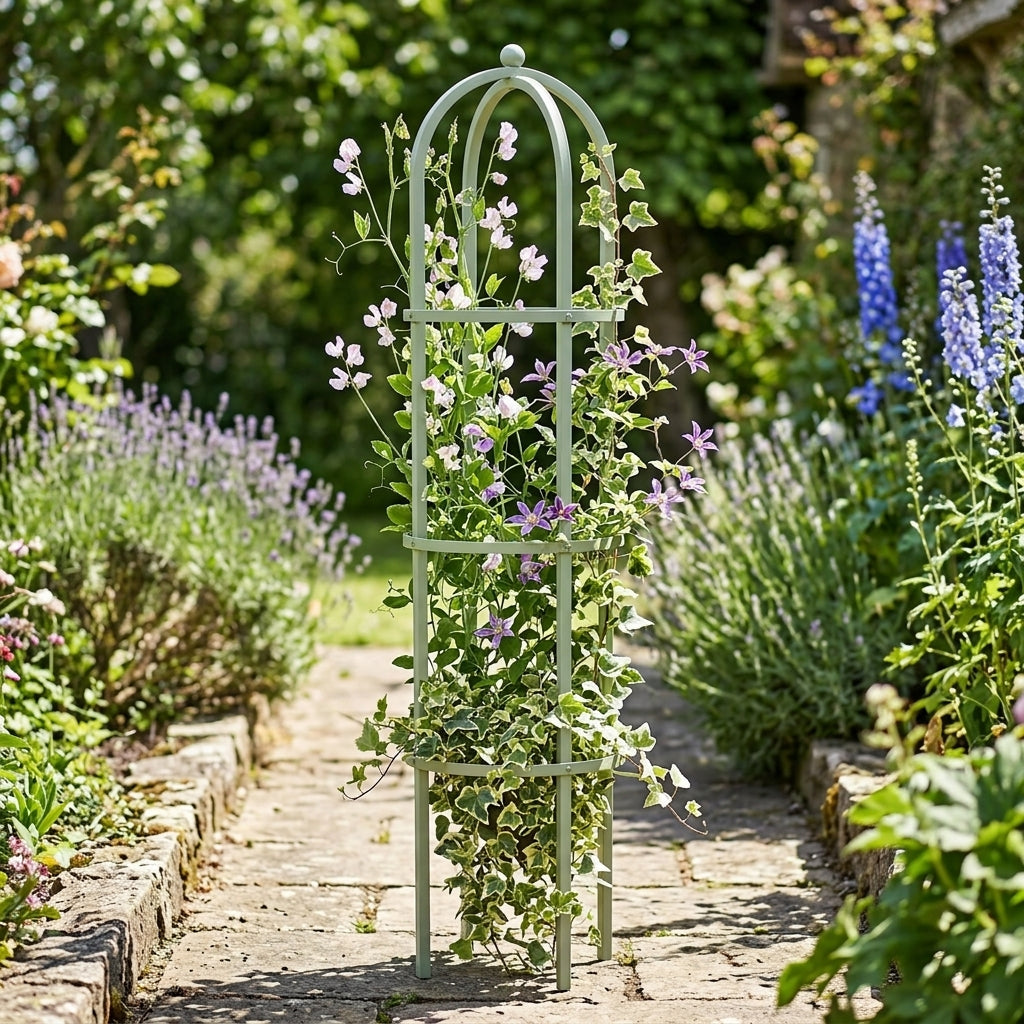 2.1m Steel Round Obelisk Lichen Green Plant Support, photo 1