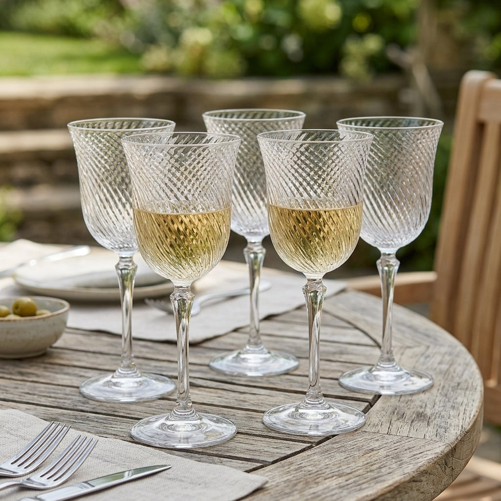 Set of 6 Twisted Cut Crystal White Wine Glasses (view 2)